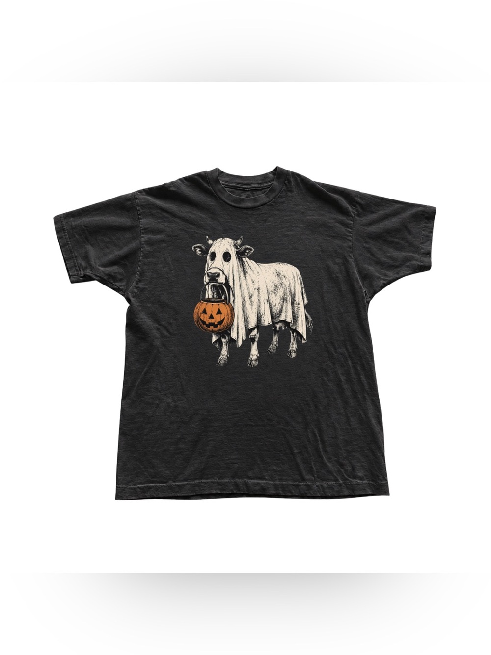 Black Halloween Cow Trick-or-Treat Tee with Orange Jack-O'-Lantern